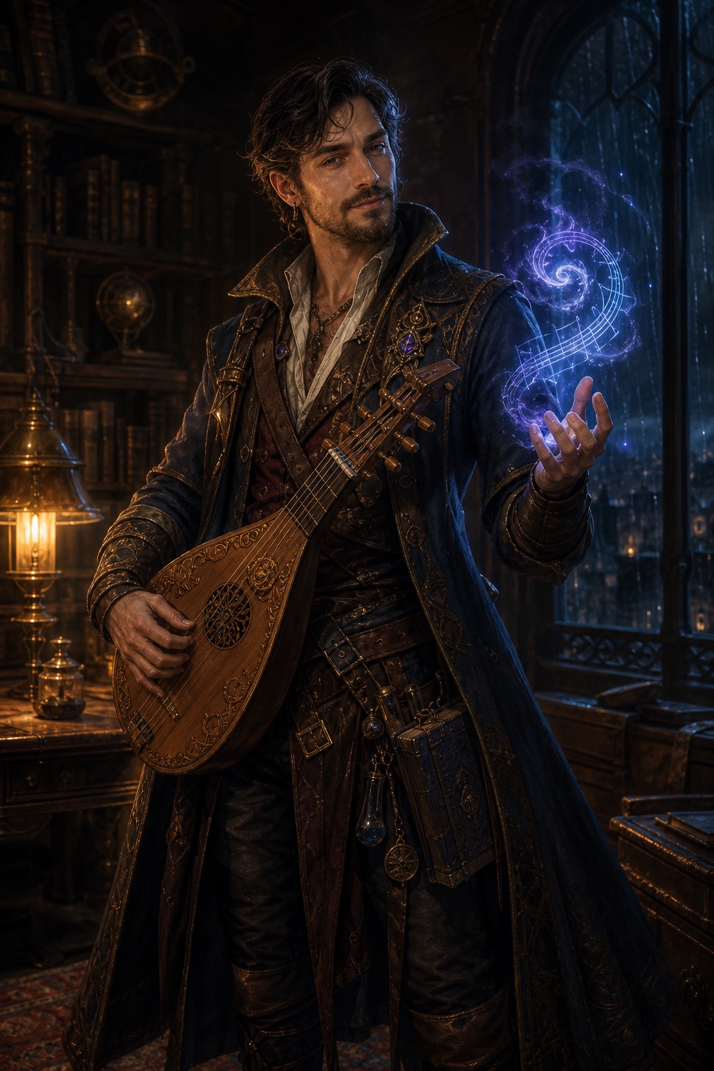 A male High Mortal Bard-Mage holding an ornate lute while weaving blue-violet magic