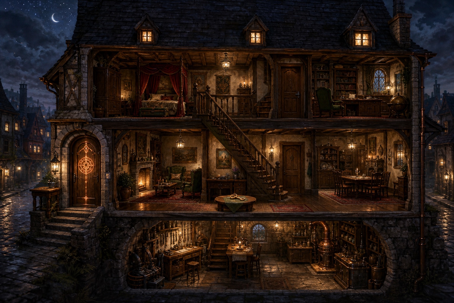 Cutaway of a completed High Mortal estate with a basement, rooms, staircase, magical front door and key