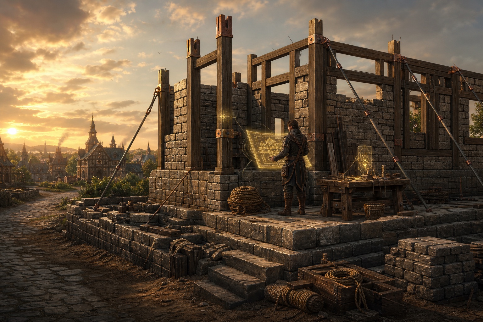 A High Mortal building an estate from stone blocks, timber, cord, steel and copper