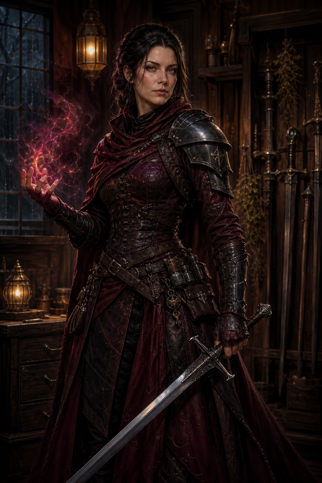 A female High Mortal Witch-Fighter in practical armour with a sword and ember-red magic
