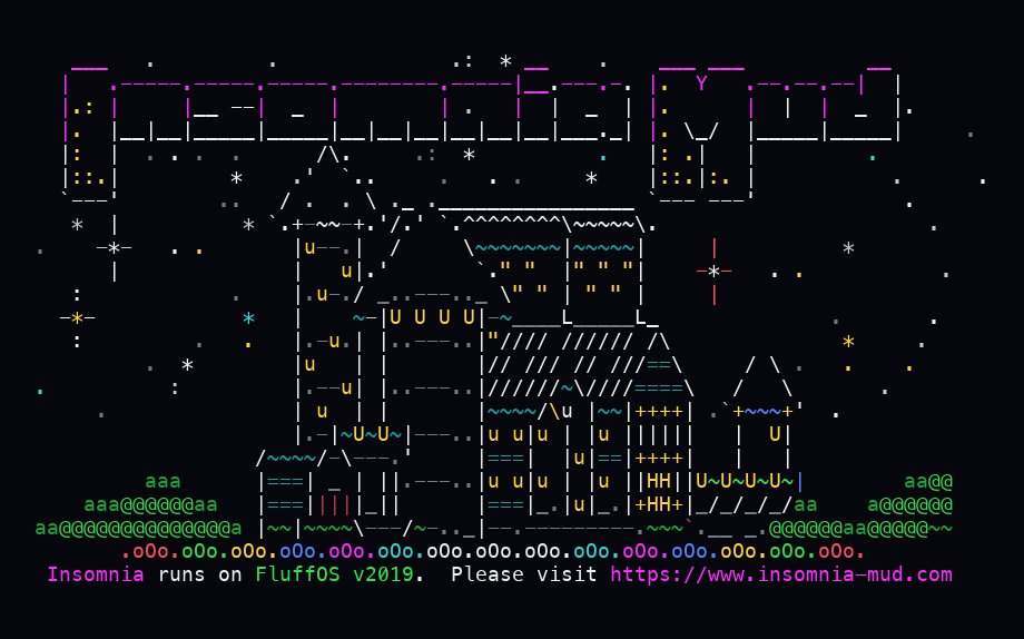 The coloured ANSI Insomnia MUD welcome screen shown in a terminal