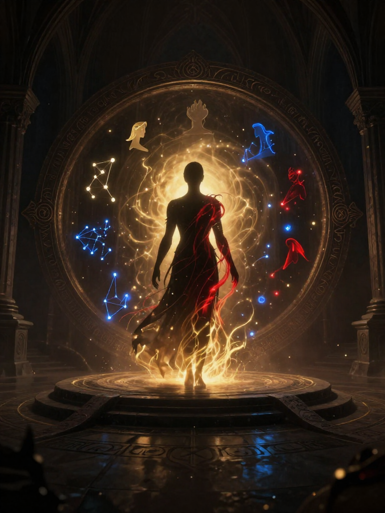 A new adventurer forming from magical light in an ancient gothic sanctuary