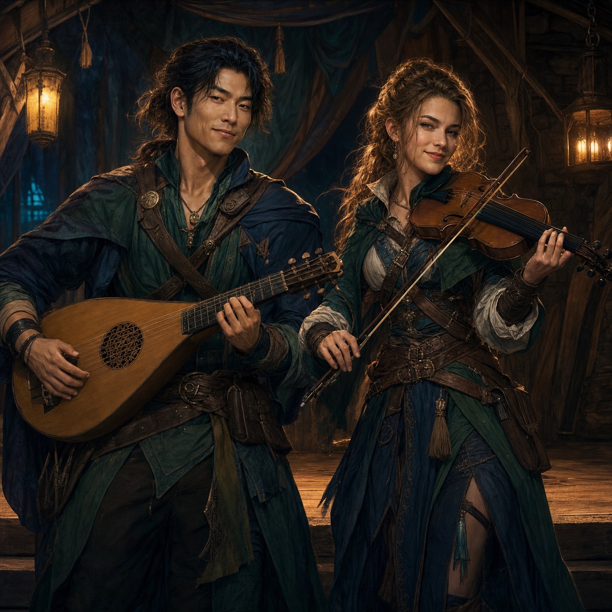 A woman and a man of the Bard class
