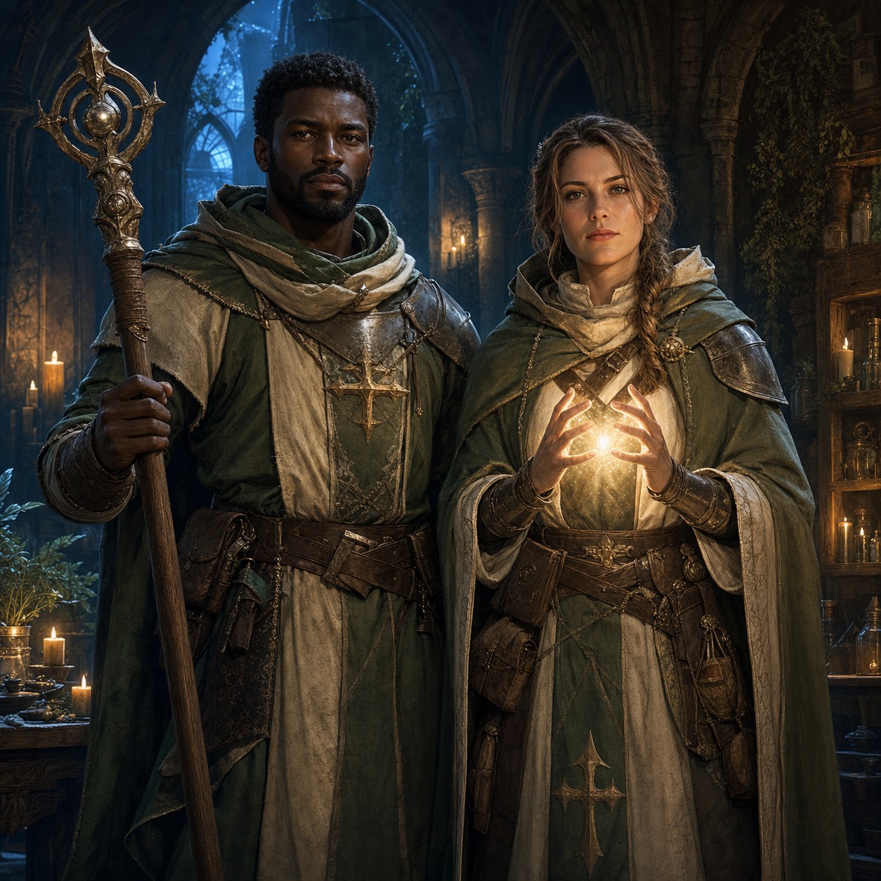 A woman and a man of the Cleric class