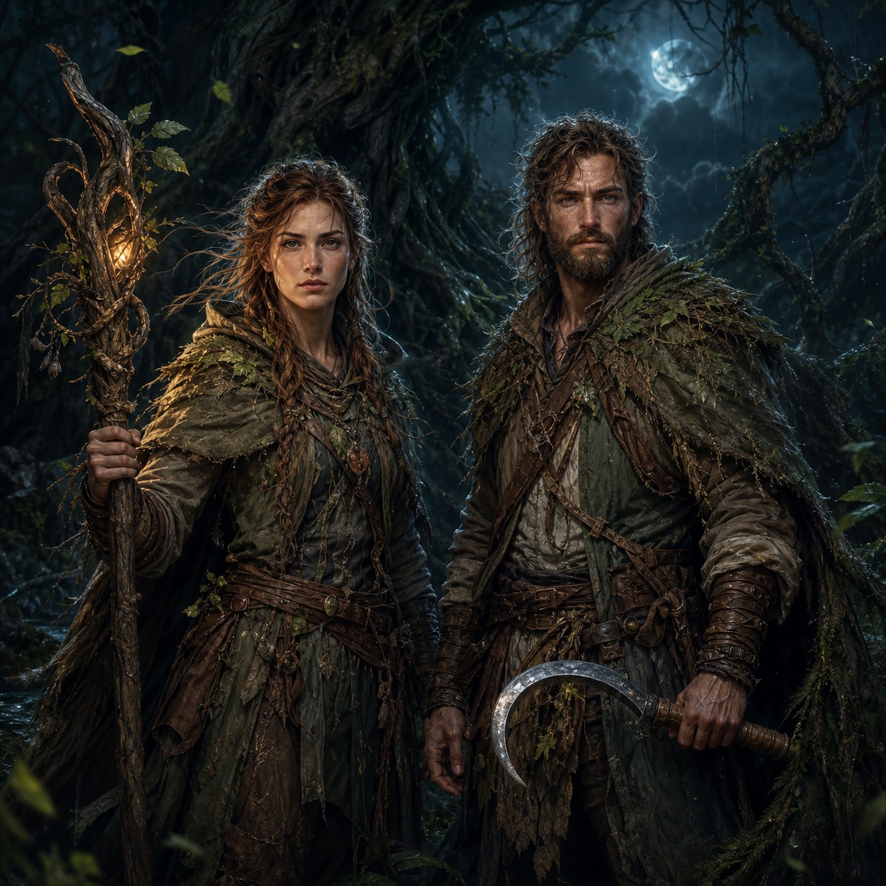 A woman and a man of the Druid class