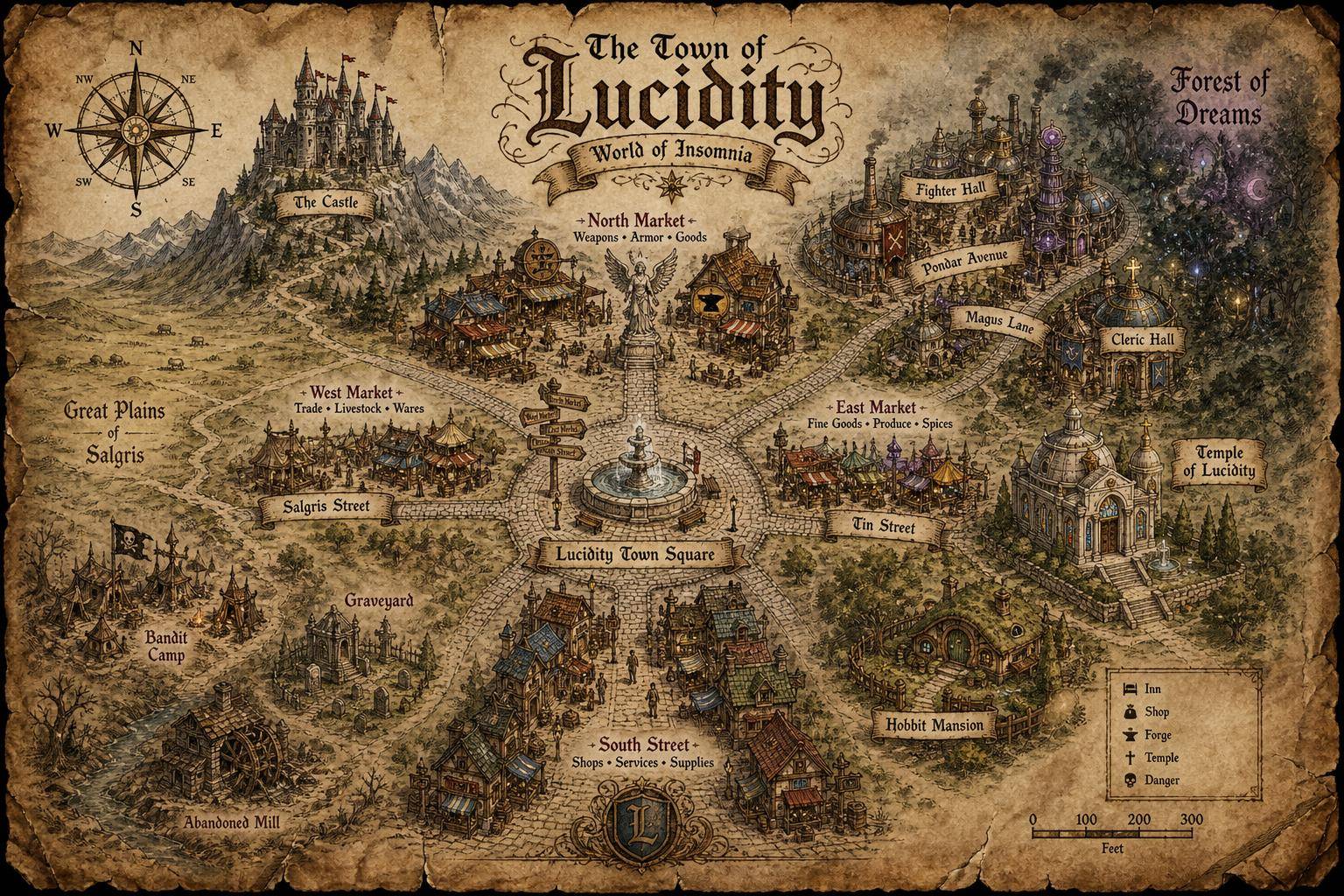 Hand-drawn parchment street map of the fantasy town of Lucidity